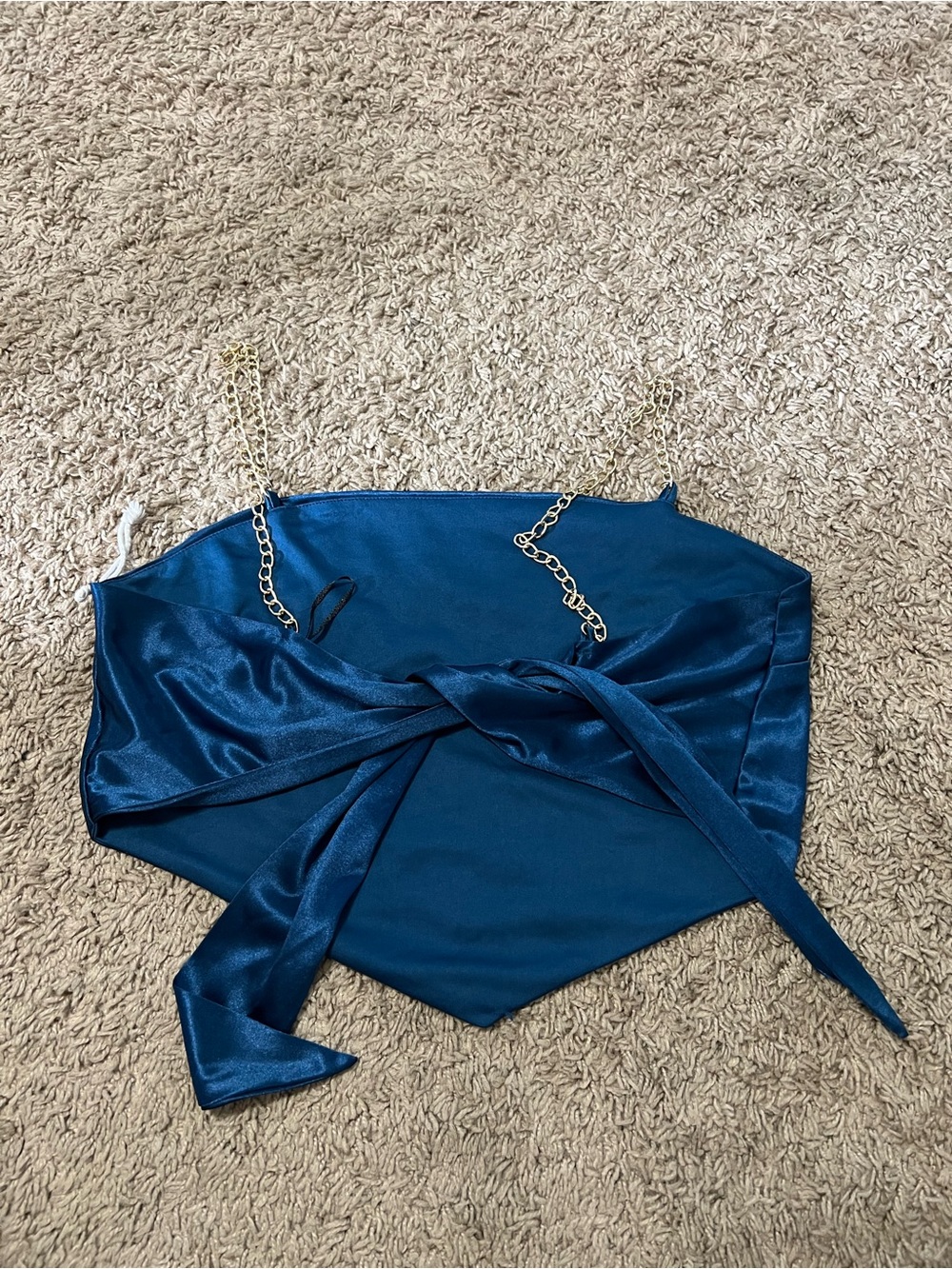Satin Teal Chain-Strap Tie-Front Crop Top